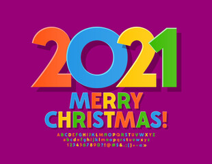 Vector trendy greeting card Merry Christmas 2021! Colorful creative Font. Bright modern Alphabet Letters and Numbers set