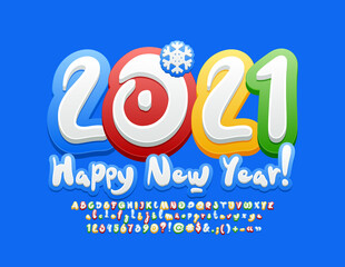 Vector artistic greeting card Happy New Year 2021. Colorful Handwritten Font. Bright Alphabet Letters and Numbers set