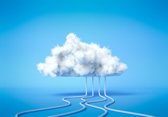 3D render Cloud computing service, cloud data storage technology hosting concept. white cloud with cables on blue background. 3d illustration.