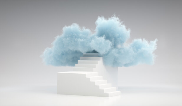 3D render blue cloud on top of white stairway. minimal stair scene for product placement 3d illustration © Lakee MNP