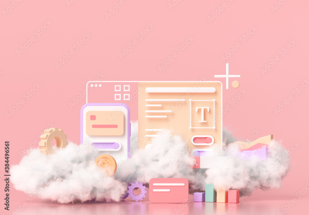 Poster mobile application development, web and ui-ux design concept 3d render illustration