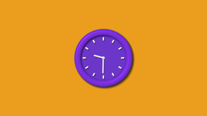 Amazing purple color 3d wall clock isolated on orange background, 12 hours wall clock