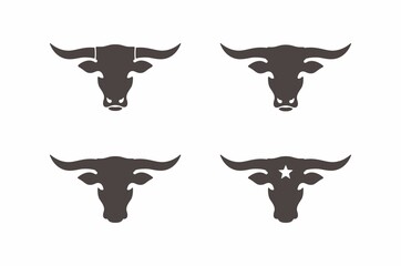 Set of bull heads in black on a white background. Vector illustration of bull heads for logos, emblems, labels. Illustration on the theme of farming, butcher, butchery.