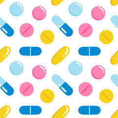 Cute colorful pills, vitamins, medications, food suppliments vector seamless pattern background.