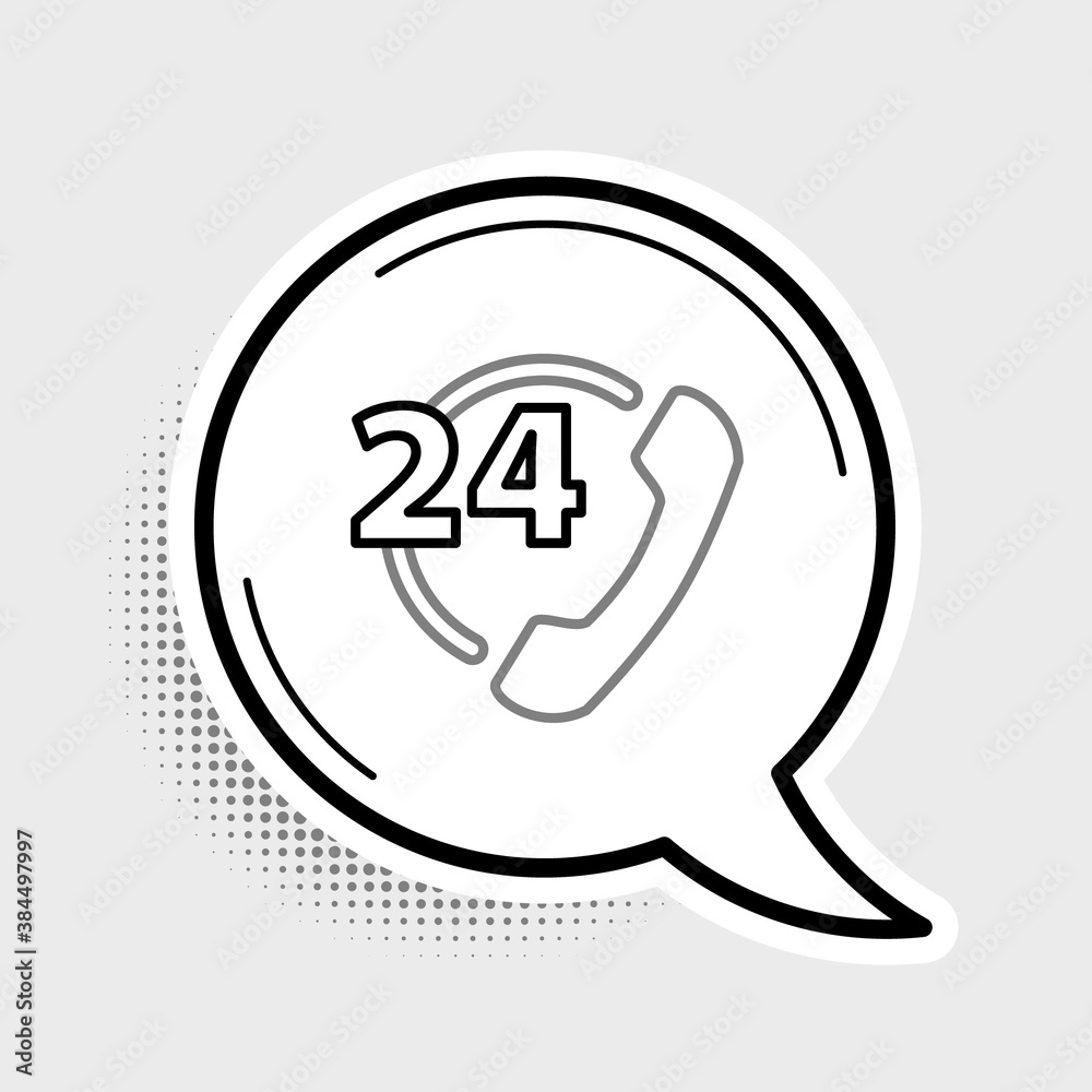 Sticker Line Telephone 24 hours support icon isolated on grey background. All-day customer support call-center. Full time call services. Colorful outline concept. Vector.