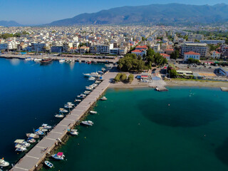 Fototapeta na wymiar Aerial view of Kalamata marina with fishing boats in line