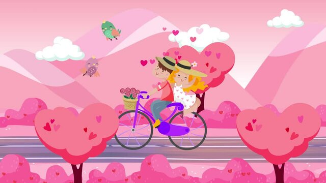 man and woman riding on bike,couple in love,valentine's day background,birds flying in the sky,trees and bushes