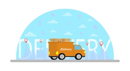 Fototapeta na wymiar Cargo truck with city scape background surround Payment and Business symbols with delivery text. Goods delivery. Shopping online. Technology concept. Transportations concept. 