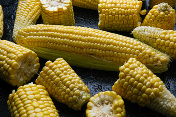 Fresh raw sweet corn cobs on black background