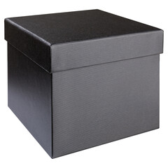 black stylish gift box with lid, side view, on white background