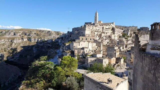 view of the sassi of Matera city located on a rocky outcrop in Basilicata