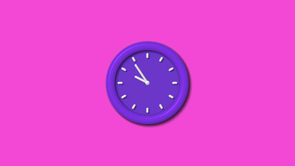 Purple color 3d wall clock isolated on pink background,12 hours 3d wall clock