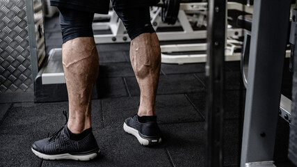 Fototapeta na wymiar strong calves of young active athlete male in sneakers standing in sport fitness gym near exercise equipment