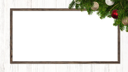 A fir tree decorated for Christmas.
A bulletin board hung on a white wooden wall.