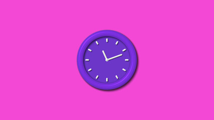 Purple color 3d wall clock isolated on pink background,12 hours 3d wall clock