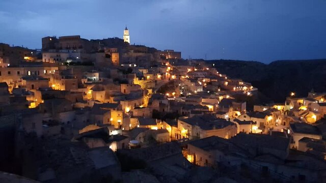 view of the sassi of Matera city located on a rocky outcrop in Basilicata