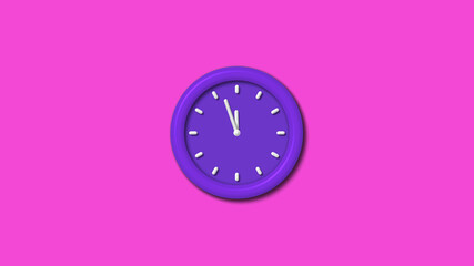 Purple color 3d wall clock isolated on pink background,12 hours 3d wall clock