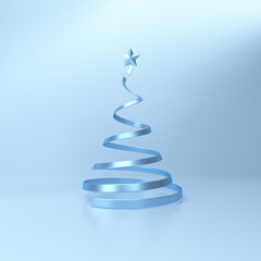 Christmas tree with a star at the top on blue studio background. Christmas poster, card.