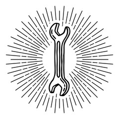 Old school builder vector illustration with wrench with outline and geometric diverging beams in classic monochrome black and white retro style