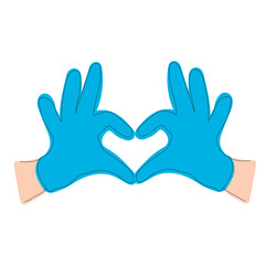 Vector illustration  continuous line drawing. Logo, icon, label. Hands in latex glove shows the symbol of the heart. Love our medical professionals