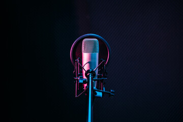 Studio microphone and pop shield on mic in the empty recording studio with copy space. Performance and show in the music business equipment. - Powered by Adobe