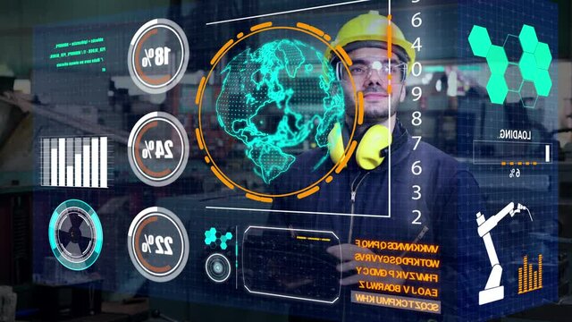Factory worker use future holographic screen device to control manufacturing machine in factory . Concept of futuristic automation technology , virtual augmented reality and smart visualization .