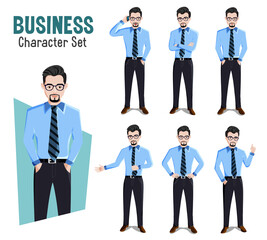 Business man vector characters set. Businessman character boss in different standing pose and gestures for male manager cartoon collection design. Vector illustration.