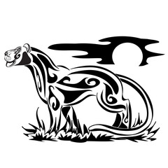 Zoo. African fauna. Puma, leopard, wild cat, coguar, mountain lion. Hand drawn illustration for tattoo design, emblem, badge, t-shirt print. Engraving of wild animal. Classic vintage style image.