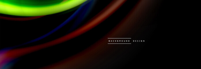 Dynamic motion abstract background. Color blurred stripes on black. Wave liquid lines poster. Vector illustration