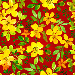 Yellow small flowers on red background watercolor illustration Seamless pattern for textile