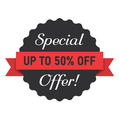 Special offer color discount sticker. Up to 50 percents off special offer black bent label isolated on white. discount lettering on modern round shape. illustration for promo advertising discounts