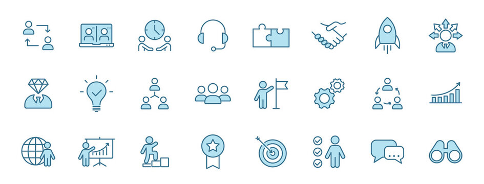 teamwork outline vector icons in two colors isolated on white. teamwork blue icon set for web and ui design, mobile apps and print products