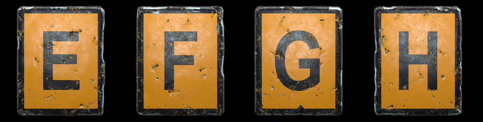 Set of capital letter E, F, G, H made of public road sign orange and black color on black background. 3d