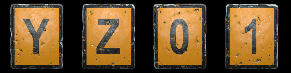 Set of capital letters Y, Z and numbers 0, 1 made of public road sign orange and black color on black background. 3d
