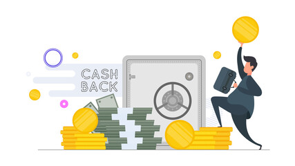 Happy businessman in a jump. Businessman with a suitcase and a gold coin in his hands. Mountain of money. Dollars, bundles of money, gold coins. Isolated. Vector/