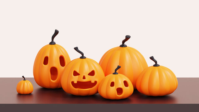 halloween pumpkins,jack o lantern on table with white background.3D render illustration.
