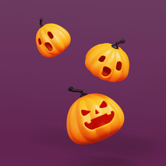 Flying Orange halloween pumpkins on purple background, holiday decoration. 3d rendering.