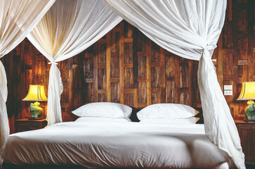 Bedroom white baldachin bed in a wooden interior © olga pink