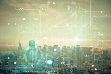 Data theme hologram drawing on city view with skyscrapers background double exposure. Technology...