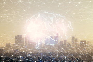 Brain hologram drawing on cityscape background multi exposure. Ai in modern city concept.