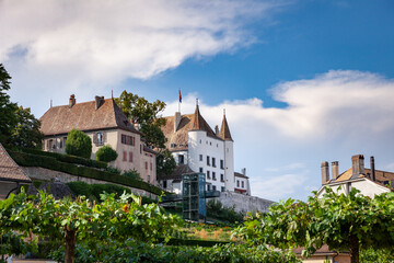 Fototapeta na wymiar Vue sur le château de Nyon depuis les rives du lac Léman, Suisse
