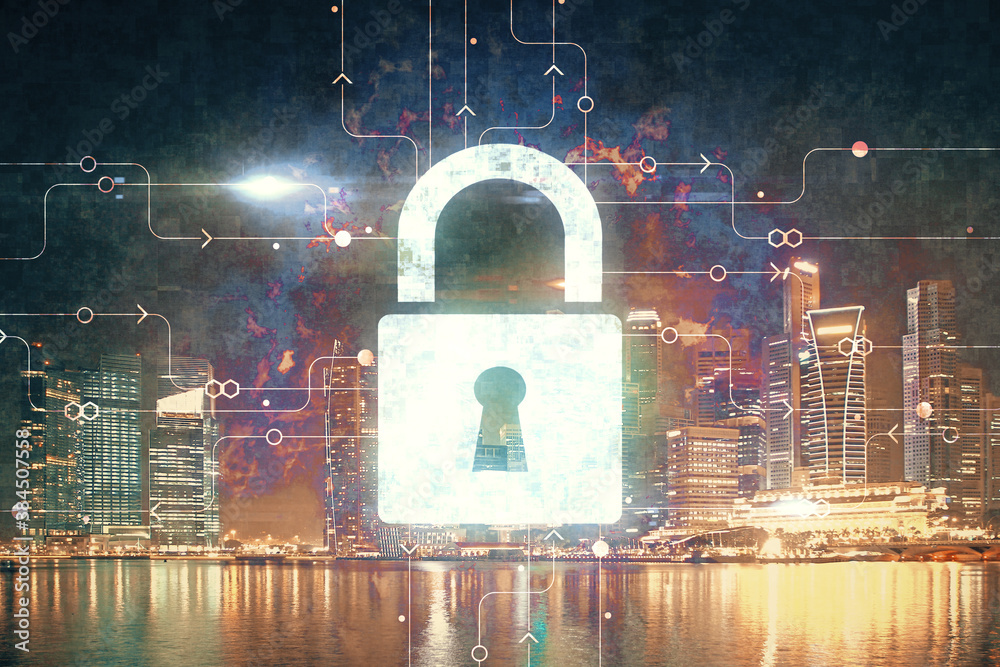 Poster lock icon hologram on city view with skyscrapers background multi exposure. data security concept.