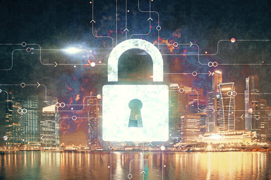Lock icon hologram on city view with skyscrapers background multi exposure. Data security concept.