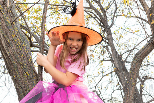 Girl In A Pink Witch Costume Sits On The Virgin