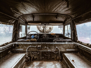 Interior of a decommissioned Land Rover Defender in Kosovo