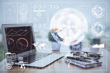 Double exposure of desktop with computer on background and tech theme drawing. Concept of big data.