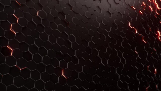 Animation movement of red hexagons with wave movements, honeycomb with offset effect. Red abstract neon glowing sci-fi background. Hexagonal wall moves in waves. Looping Seamless 3D Animation