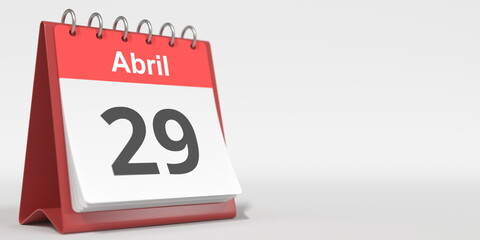 April 29 date written in Spanish on the flip calendar, 3d rendering