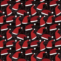 New Year seamless pattern with Santa hats on a black background