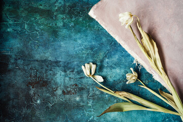 faded tulips on a pale pink and blue background, free space for text